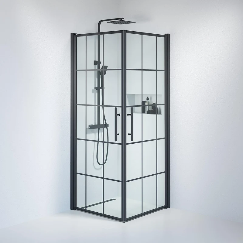 Duschkabin kvadratisk 80x80x198 cm - 6 mm klart nanoglas med svarta spröjs - svart profil - Vänern