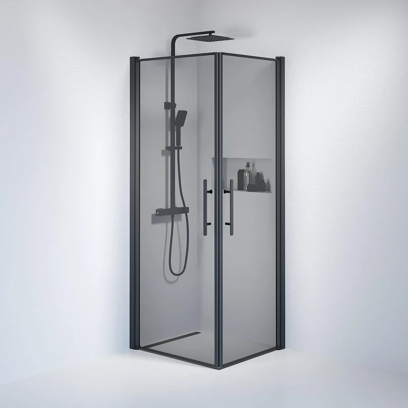 Duschhörna kvadratisk 70x80x198 cm - 6 mm rökt nanoglas - svart profil - Vänern