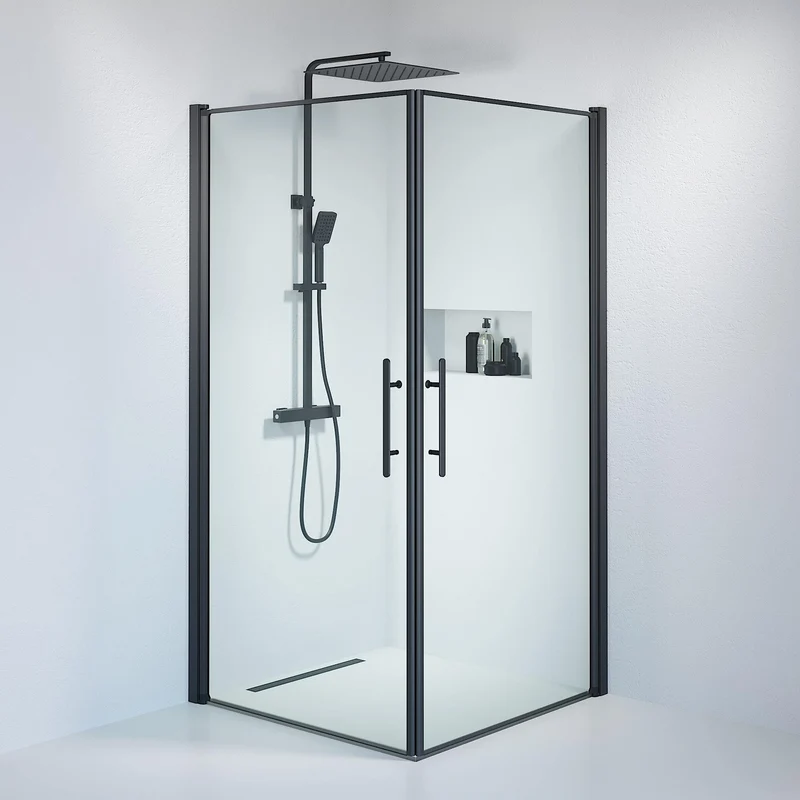 Duschhörna kvadratisk 100x100x198 cm - 6 mm klart nanoglas - svart profil - Vänern
