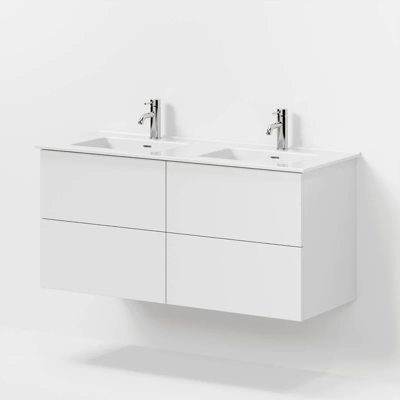 Badrumsmöbel med klassiska fronter - 120x46x57 cm - mattvit - dubbelt vitt porslinstvättställ - Vestbjerg