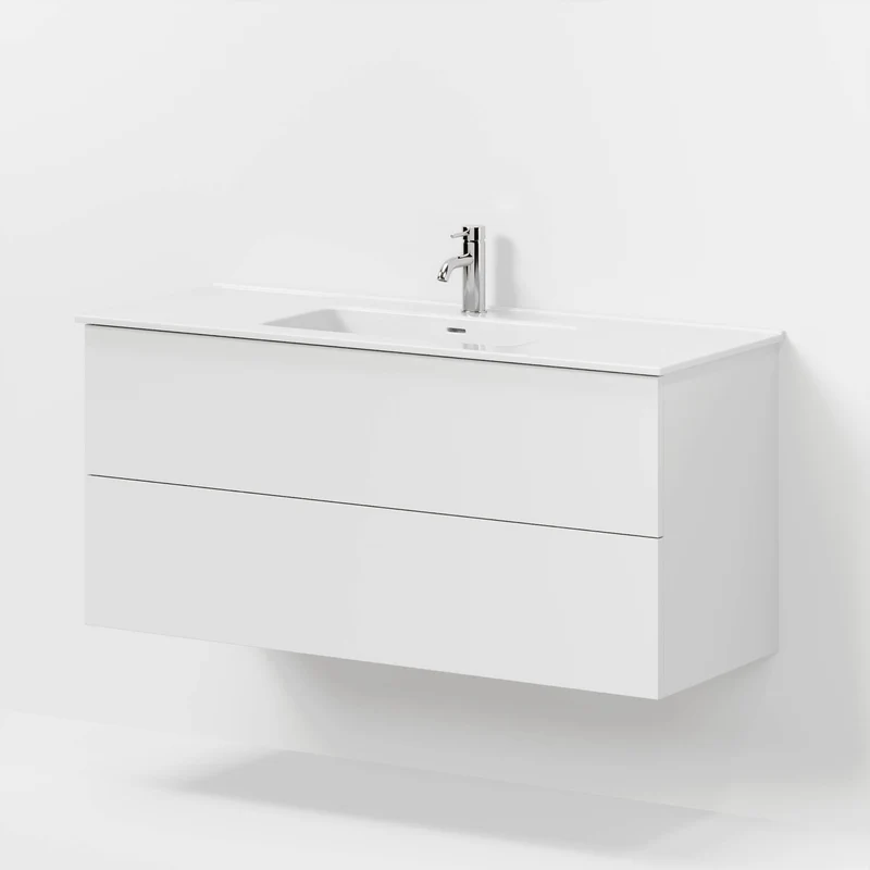 Badrumsmöbel med klassiska fronter - 120x46x57 cm - mattvit - vitt porslinstvättställ - Vestbjerg