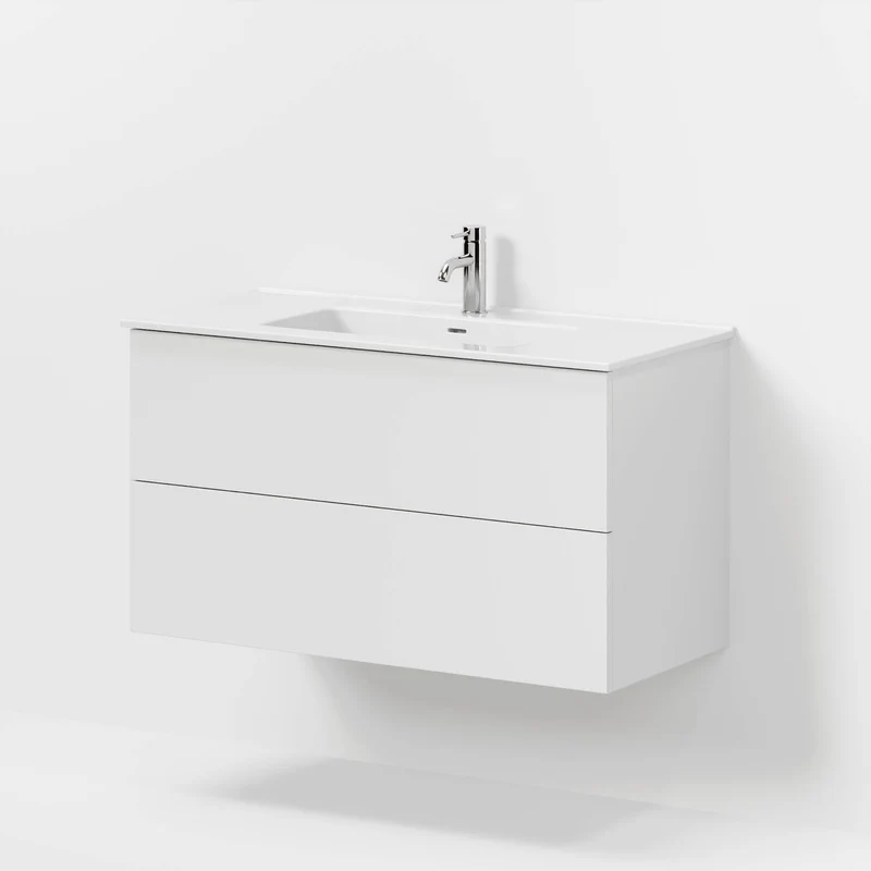 Badrumsmöbel med klassiska fronter - 100x46x57 cm - mattvit - vitt porslinstvättställ - Vestbjerg