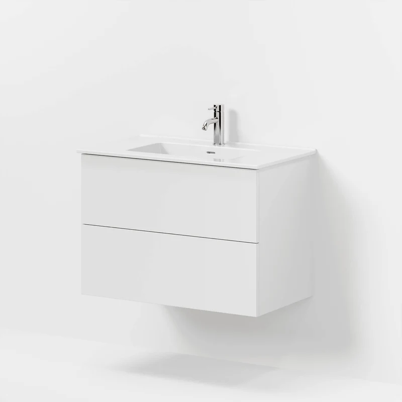 Badrumsmöbel med klassiska fronter - 80x46x57 cm - mattvit - vitt porslinstvättställ - Vestbjerg