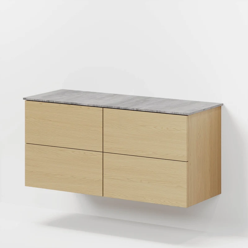 Badrumsmöbel med klassiska fronter – 120x46x56 cm – ek – melaminbänkskiva i betonglook för två handfat – Vinderup