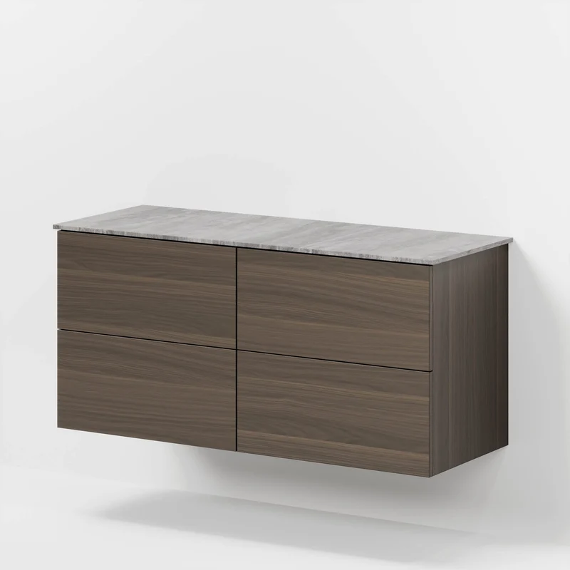 Badrumsmöbel med klassiska fronter – 120x46x56 cm – valnöt – melaminbänkskiva i betonglook för två handfat – Vinderup