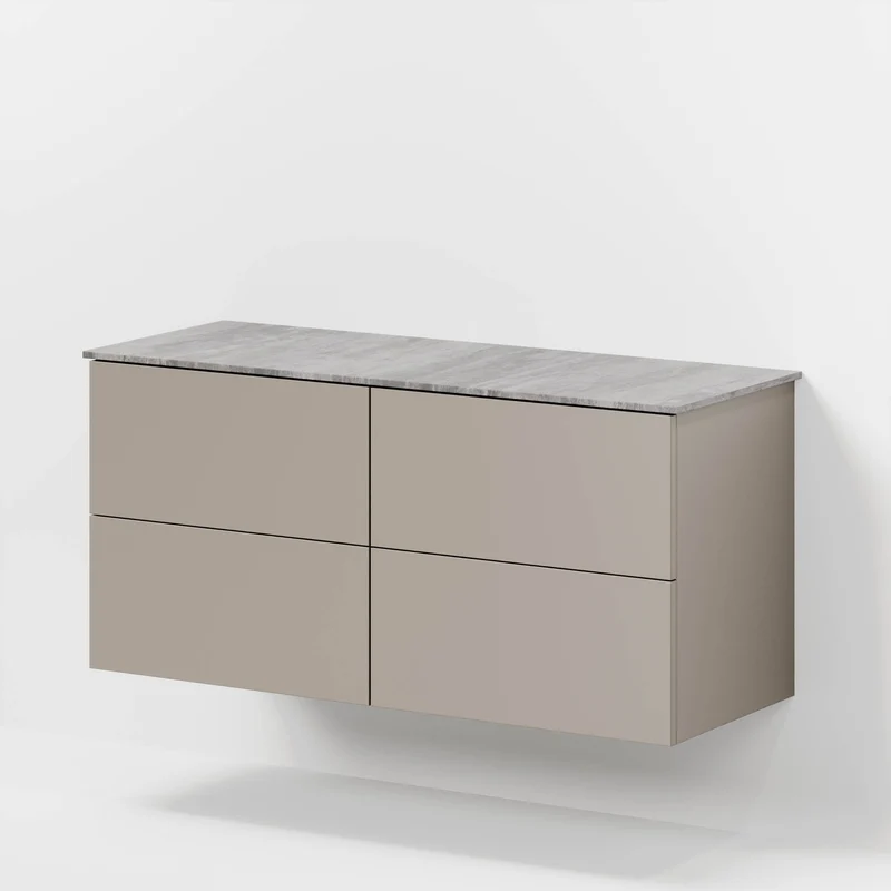 Badrumsmöbel med klassiska fronter – 120x46x56 cm – dämpad sand – melaminbänkskiva i betonglook för två handfat – Vinderup
