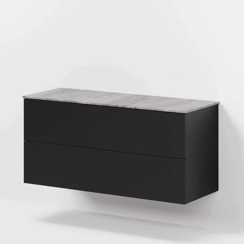 Badrumsmöbel med klassiska fronter – 120x46x56 cm – matt svart – melaminbänkskiva i betonglook – Vinderup