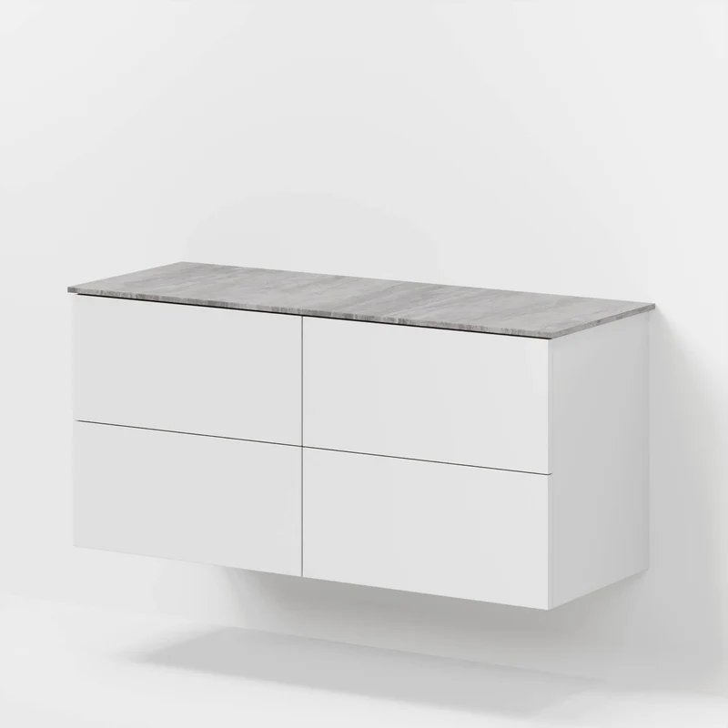 Badrumsmöbel med klassiska fronter – 120x46x56 cm – matt vit – melaminbänkskiva i betonglook för två handfat – Vinderup