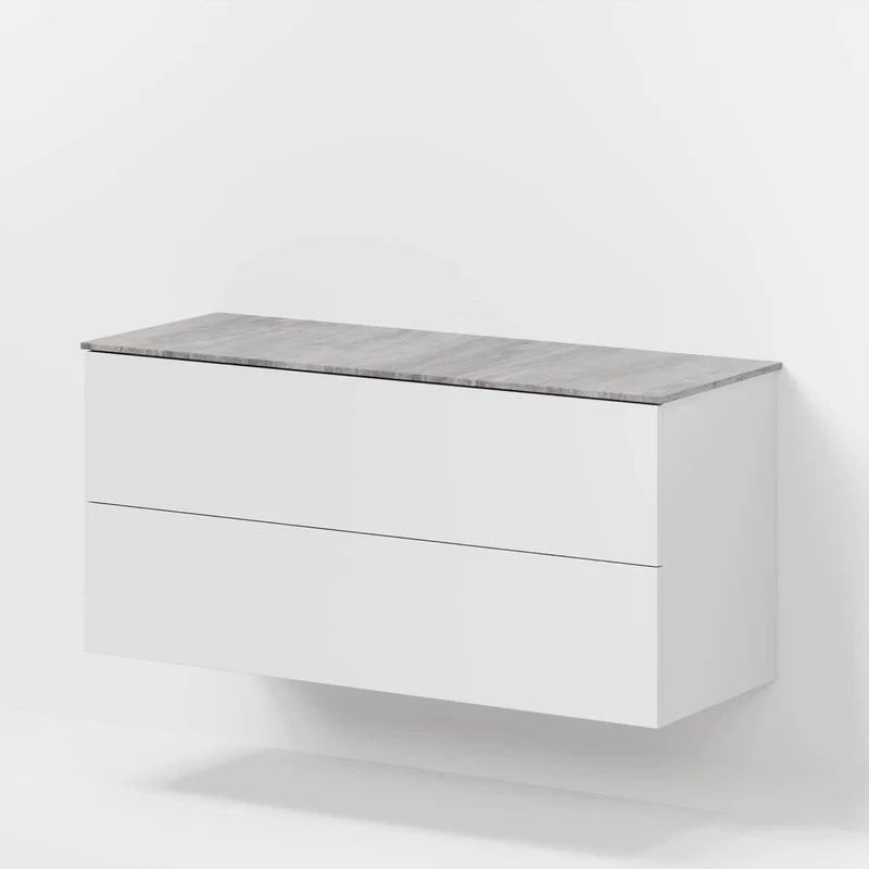 Badrumsmöbel med klassiska fronter – 120x46x56 cm – matt vit – melaminbänkskiva i betonglook – Vinderup