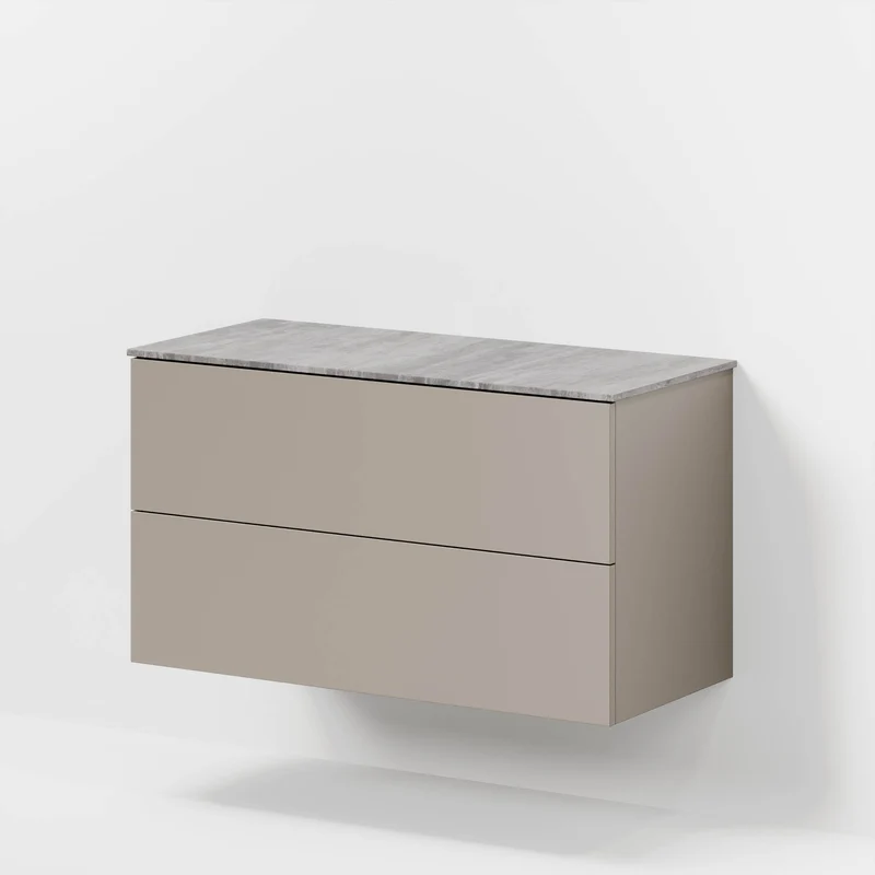 Badrumsmöbel med klassiska fronter –100x46x56 cm – dämpad sand – melaminbänkskiva i betonglook – Vinderup