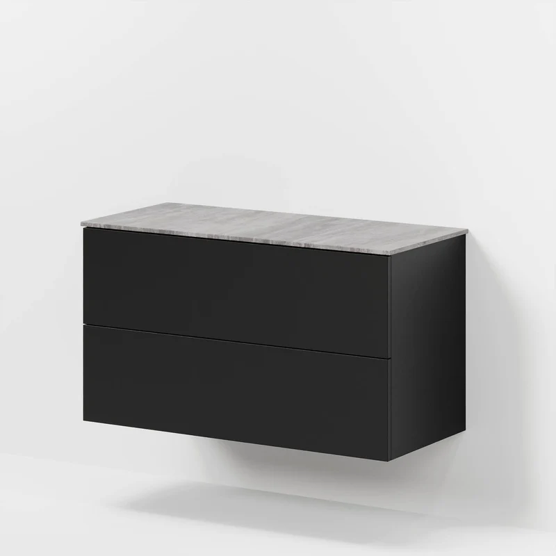 Badrumsmöbel med klassiska fronter – 100x46x56 cm – matt svart – melaminbänkskiva i betonglook – Vinderup
