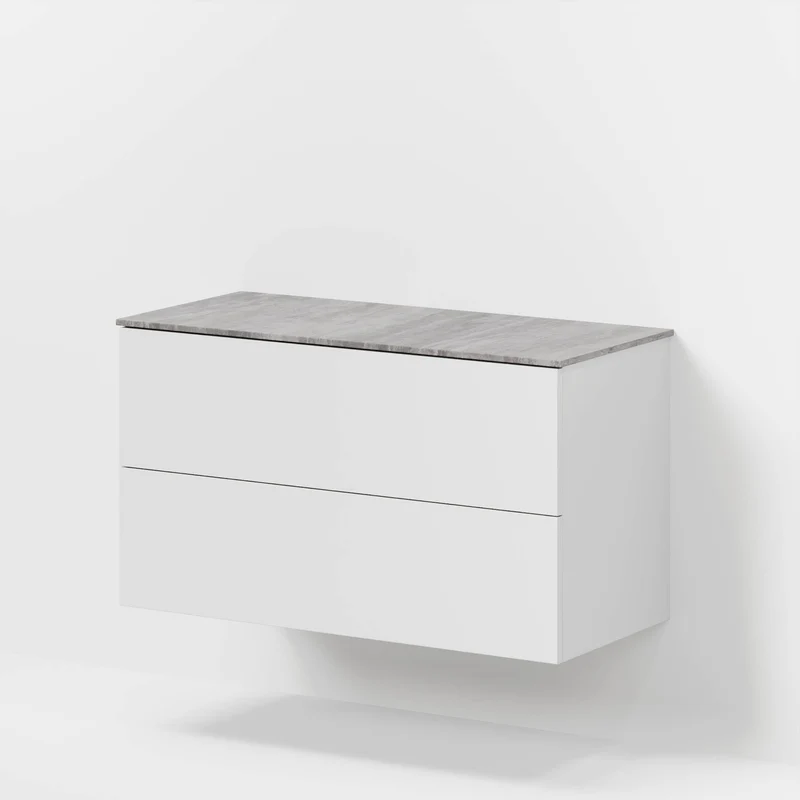 Badrumsmöbel med klassiska fronter – 100x46x56 cm – matt vit – melaminbänkskiva i betonglook – Vinderup