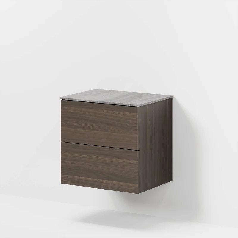 Badrumsmöbel med klassiska fronter – 80x46x56 cm – valnöt – melaminbänkskiva i betonglook – Vinderup