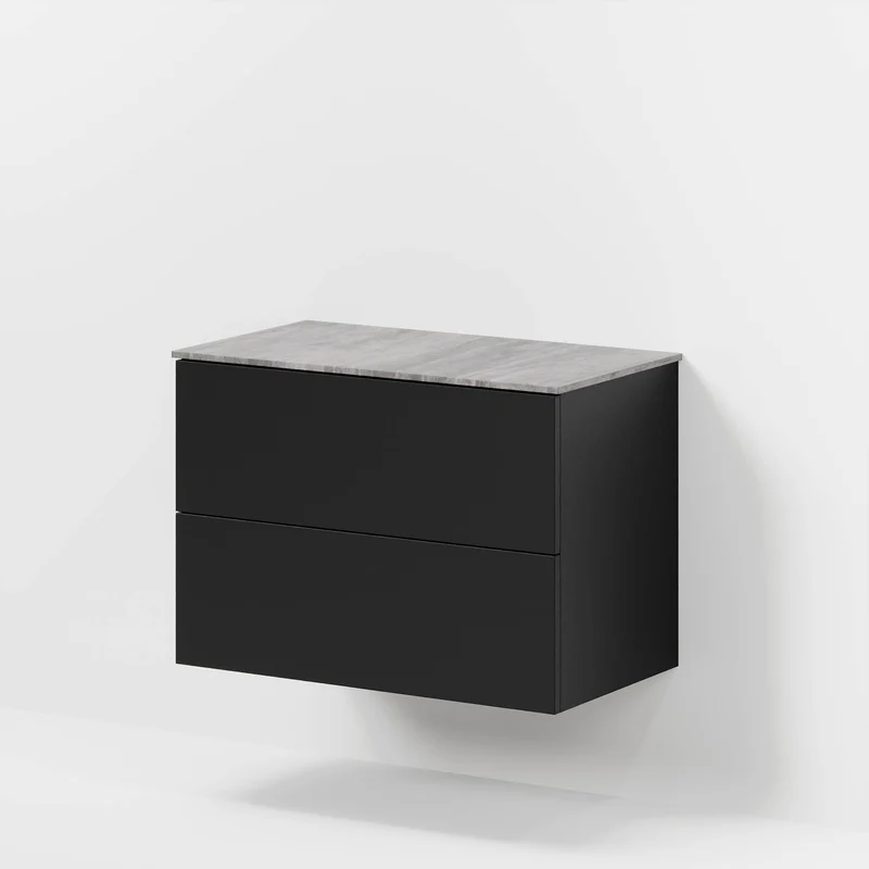 Badrumsmöbel med klassiska fronter – 80x46x56 cm – matt svart – melaminbänkskiva i betonglook – Vinderup
