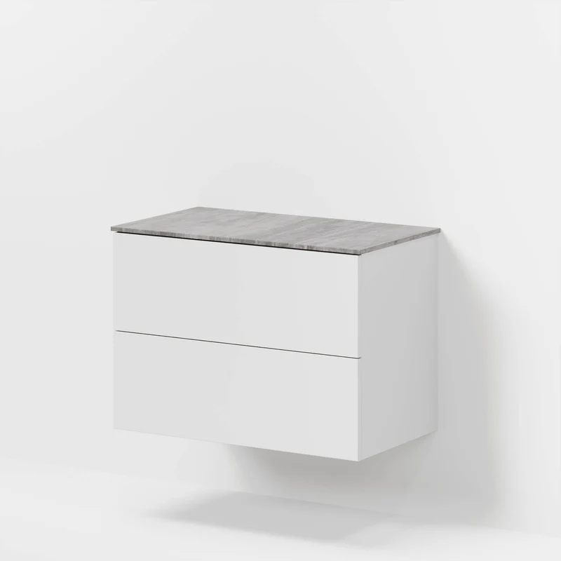 Badrumsmöbel med klassiska fronter – 80x46x56 cm – matt vit – melaminbänkskiva i betonglook – Vinderup