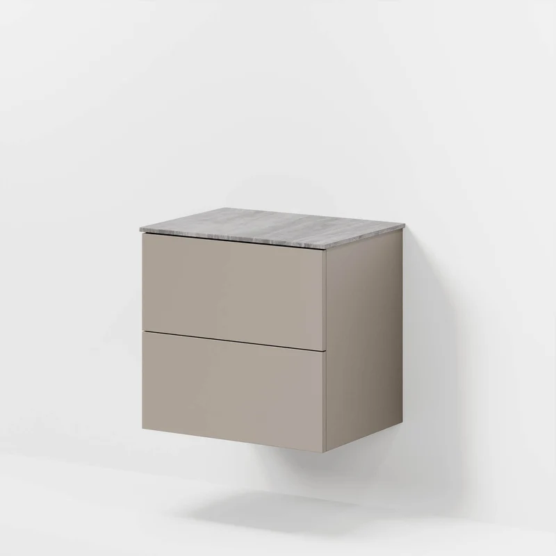 Badrumsmöbel med klassiska fronter – 60x46x56 cm – dämpad sand – melaminbänkskiva i betonglook – Vinderup