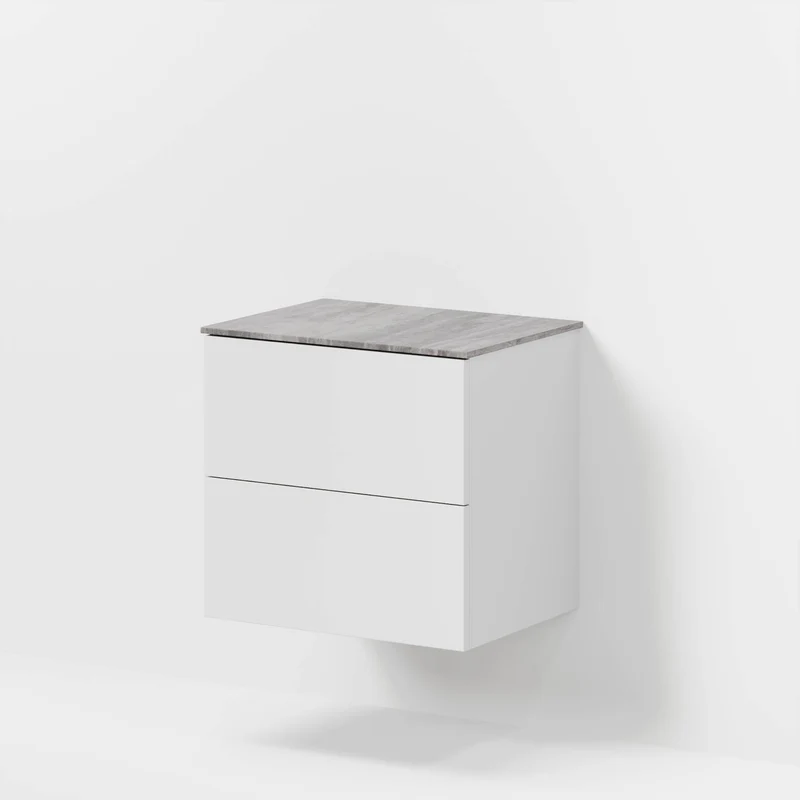 Badrumsmöbel med klassiska fronter – 60x46x56 cm – matt vit – melaminbänkskiva i betonglook – Vinderup