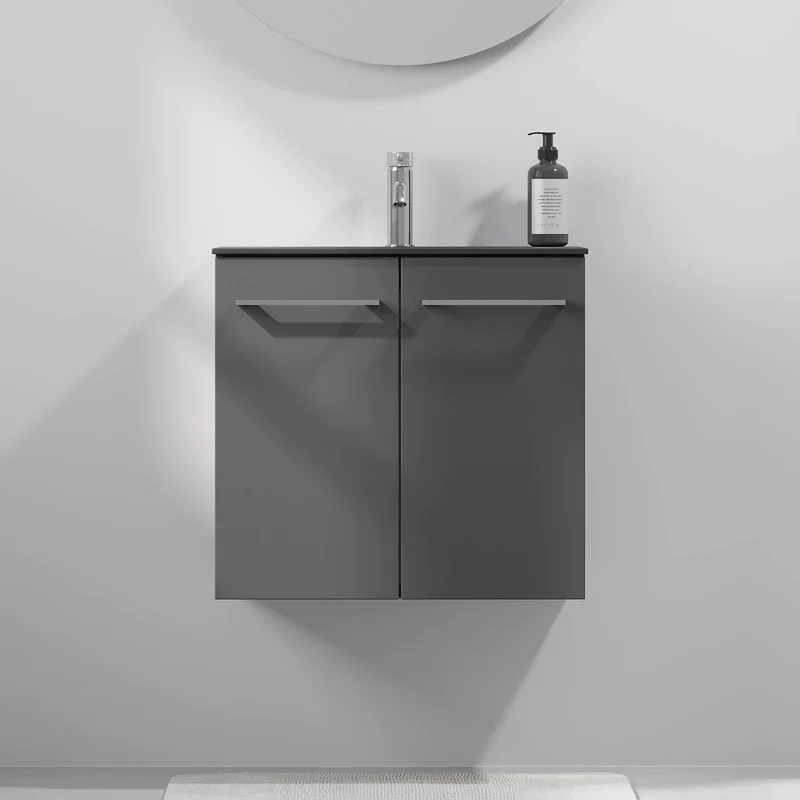 Badrumsmöbler med klassiska Skåpsdörr - SLIM - 60x36x57 cm - antracitgrå - tvättställ i solid surface - Krom Handtag - Horten