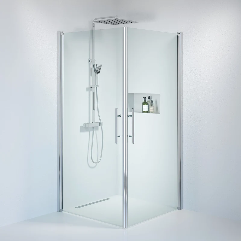 Duschhörna kvadratisk 100x100x198 cm - 6 mm klart nanoglas - Krom profil - Vänern