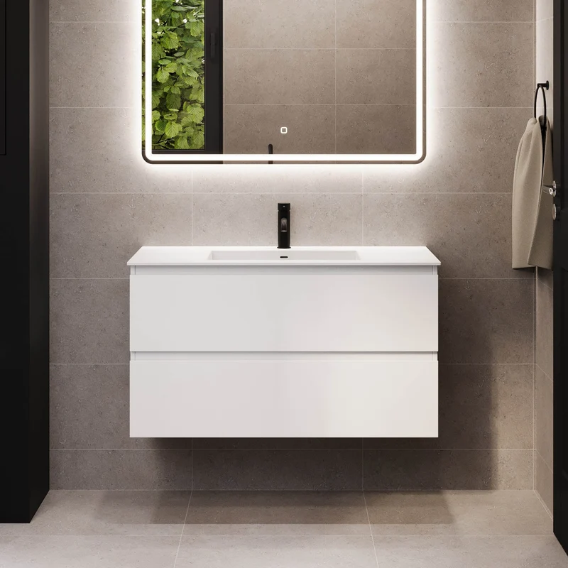 Badrumsmöbel med klassiska integrerade Fronter - 100x46x57 cm - matt vit - solid surface-tvättställ - Sifjord