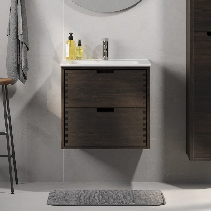 Badrumsmöbel i massiv ek - 2 lådor med push-open - 60x46x57 cm - svart ek - vitt Porslin-tvättställ - Egeskov