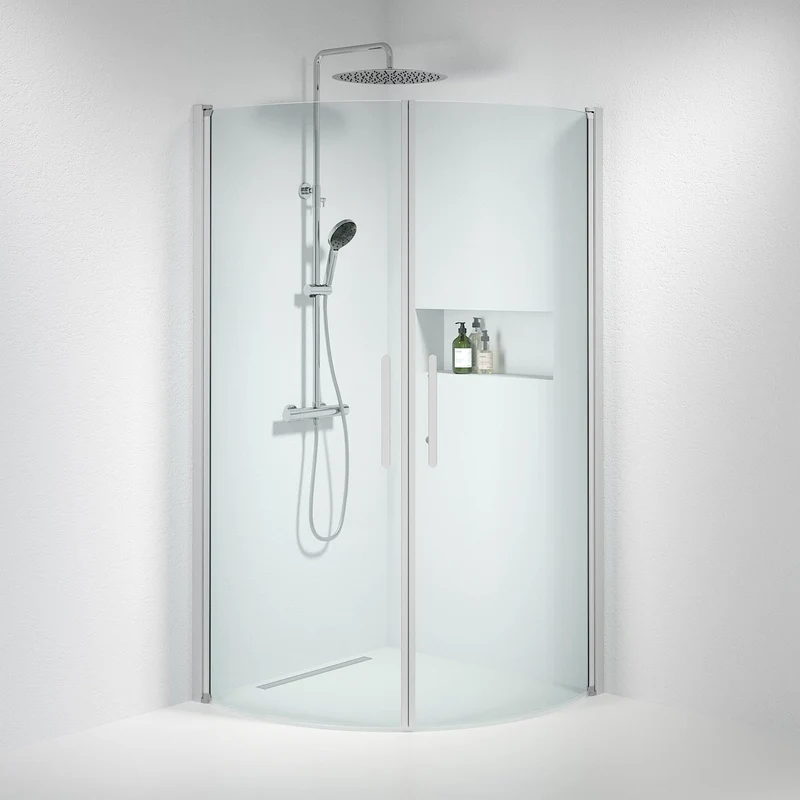 Duschhörna halvrund 100x100x198 cm - 6 mm klart nanoglas - borstad aluminiumprofil - Vänern