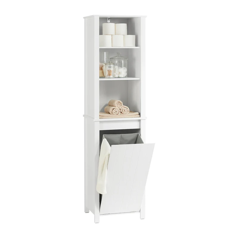 SoBuy BZR102-W Smalt Högskåp med Tvättkorg och 3 Öppna Hyllor, Badrumshögskåp 45 × 35 × 171 cm, Max 40 kg – Vit