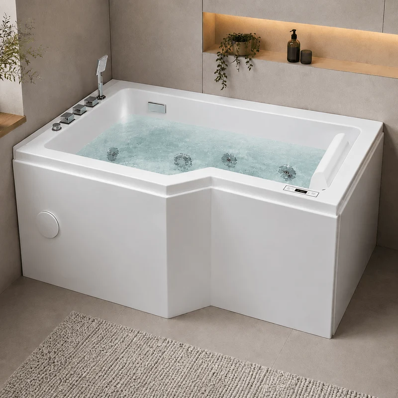 Asymmetriskt bubbelbadkar - luft- och hydromassage - 150x85x63 cm - vänstervänt - med uppvärmning - vit - Svensmarke