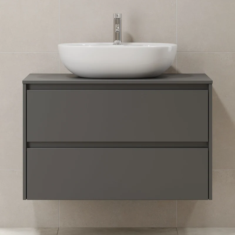 Badrumsmöbel med klassisk integrerad front - 90x46x57 cm - antracitgrå - bänkskiva med vitt Porslin-tvättställ - Svalbard