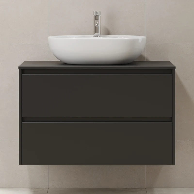 Badrumsmöbel med klassisk integrerad front - 90x46x57 cm - matt svart - bänkskiva med vitt Porslin-tvättställ - Svalbard