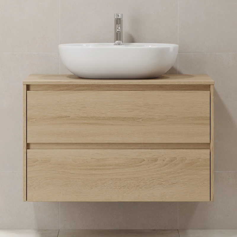 Badrumsmöbel med klassisk integrerad front - 90x46x57 cm - ek - bänkskiva med vitt Porslin-tvättställ - Svalbard