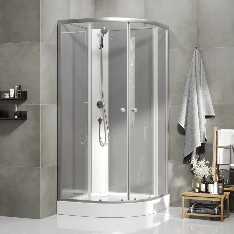 Duschkabin halvrund 90x90x195 cm - Borstad aluminiumprofiler - klart glas - inkl. blandare och dusch - Austin
