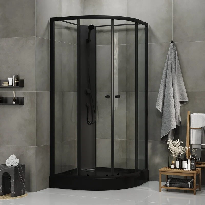 Duschkabin halvrund 90x90x195 cm - svarta profiler - klart glas - inkl. blandare och dusch - Austin
