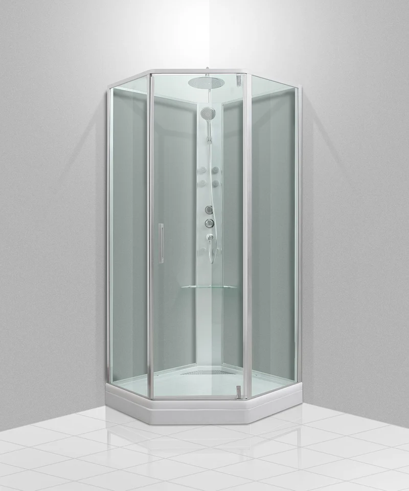 Duschkabin femkant - 90x90x220 cm - Borstad aluminiumprofiler - klarglas - inkl. blandare, dusch & massagejets - Marienlyst Select