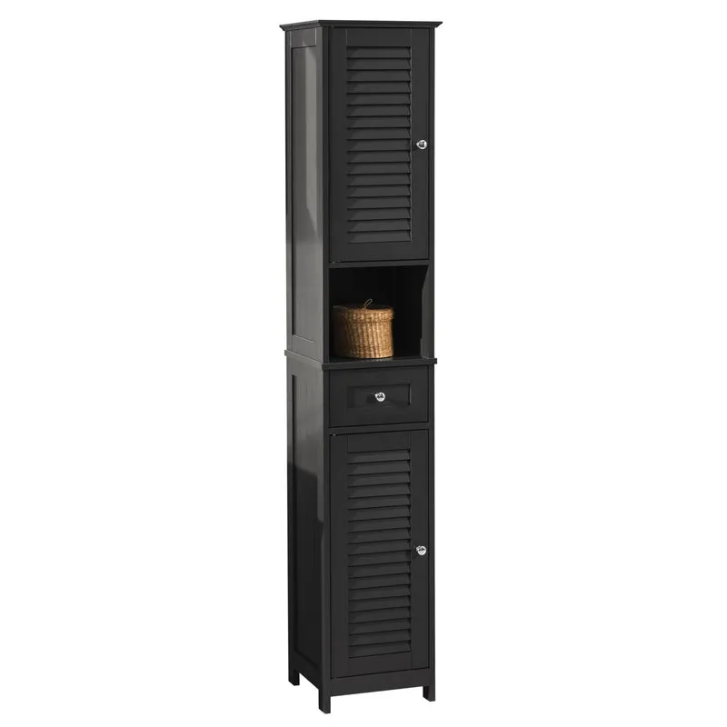 SoBuy FRG236-DG Högskåp för Badrum – 2 Dörrar, 1 Låda & Öppen Hylla, Smart Förvaring för WC, Badrum eller Kök, 32x170x30 cm