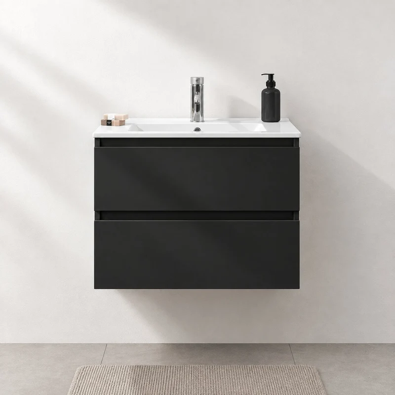 Badrumsmöbel med klassiska integrerade Fronter - 60x46x50 cm - matt svart - Porslin handfat - Kenwood