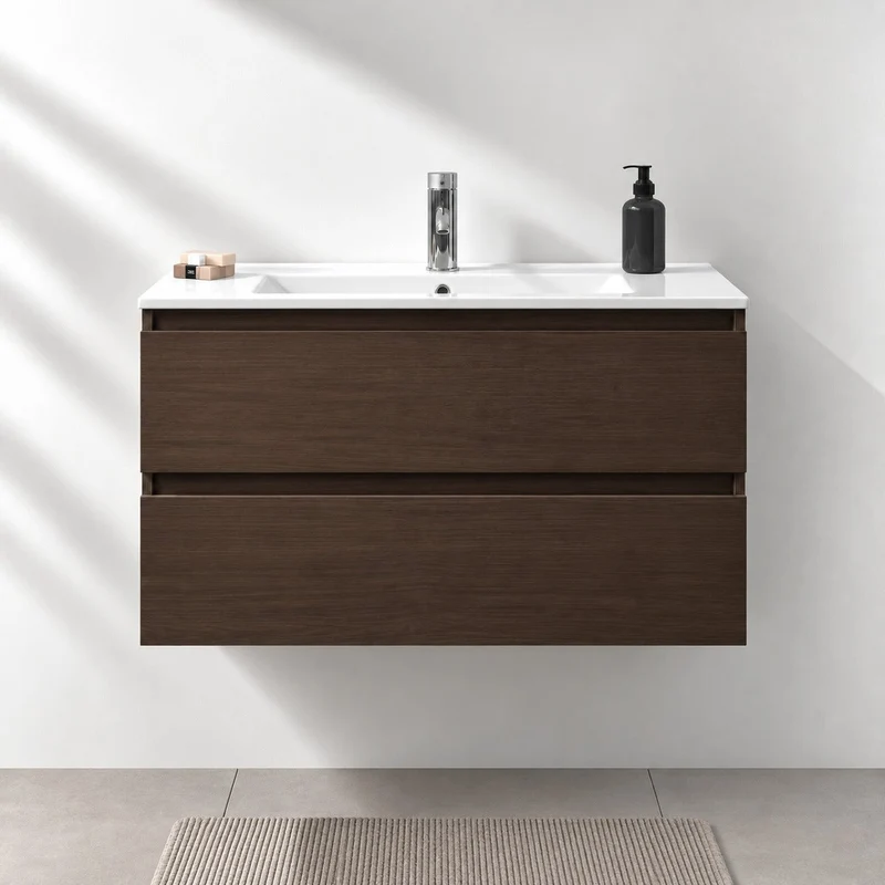 Badrumsmöbel med klassiska integrerade fronter - 90x46x50 cm - valnöt - porslinstvättställ - Kenwood