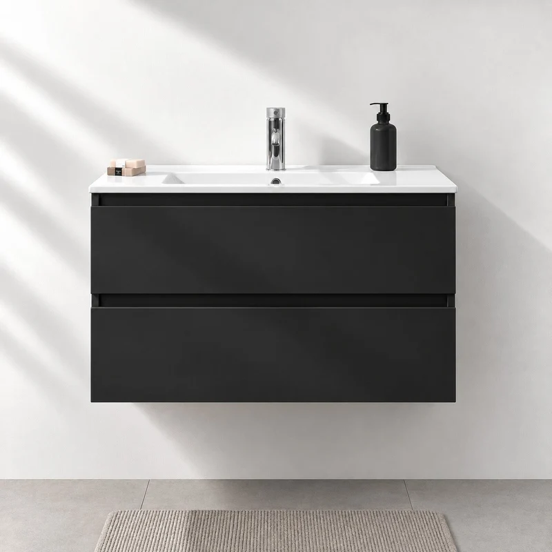 Badrumsmöbel med klassiska integrerade Fronter - 90x46x50 cm - mattsvart - Porslin tvättställ - Kenwood