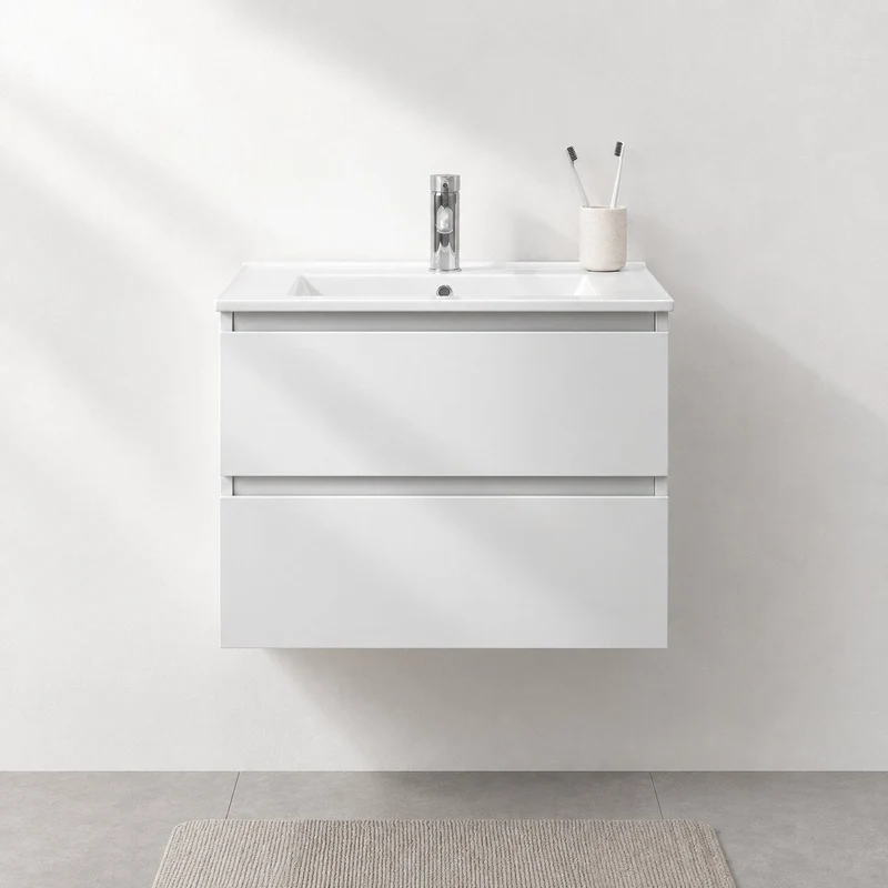 Badrumsmöbel med klassiska integrerade Fronter - 60x46x50 cm - matt vit - Porslin tvättställ - Kenwood