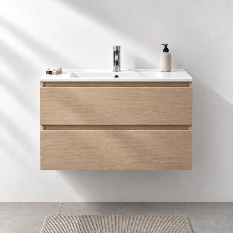 Badrumsmöbel med klassiska integrerade Fronter - 90x46x50 cm - ek - Porslin tvättställ - Kenwood