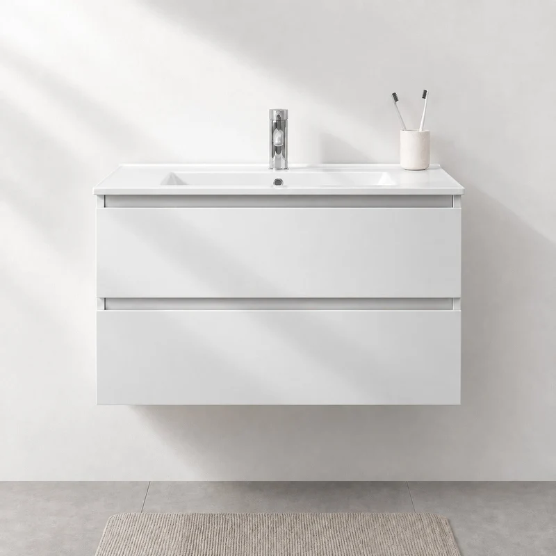 Badrumsmöbel med klassiska integrerade Fronter - 90x46x50 cm - matt vit - Porslin tvättställ - Kenwood