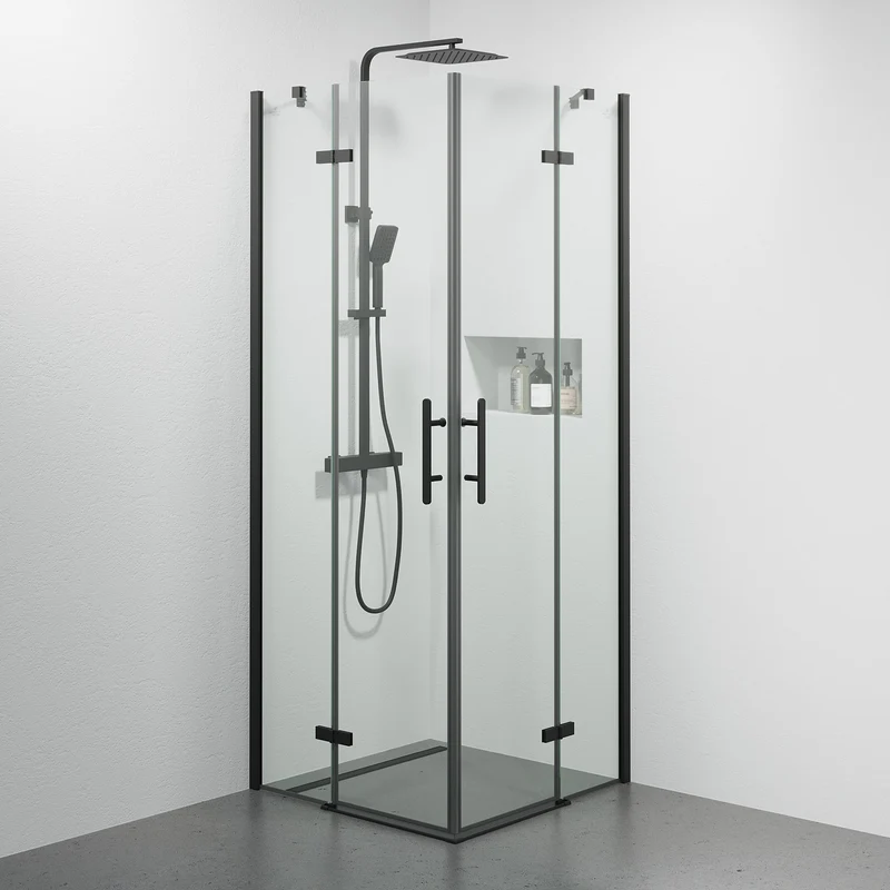 Duschvägg kvadratisk 80x80x200 cm - 5 mm klart nanoglas - svart profil - Rämen