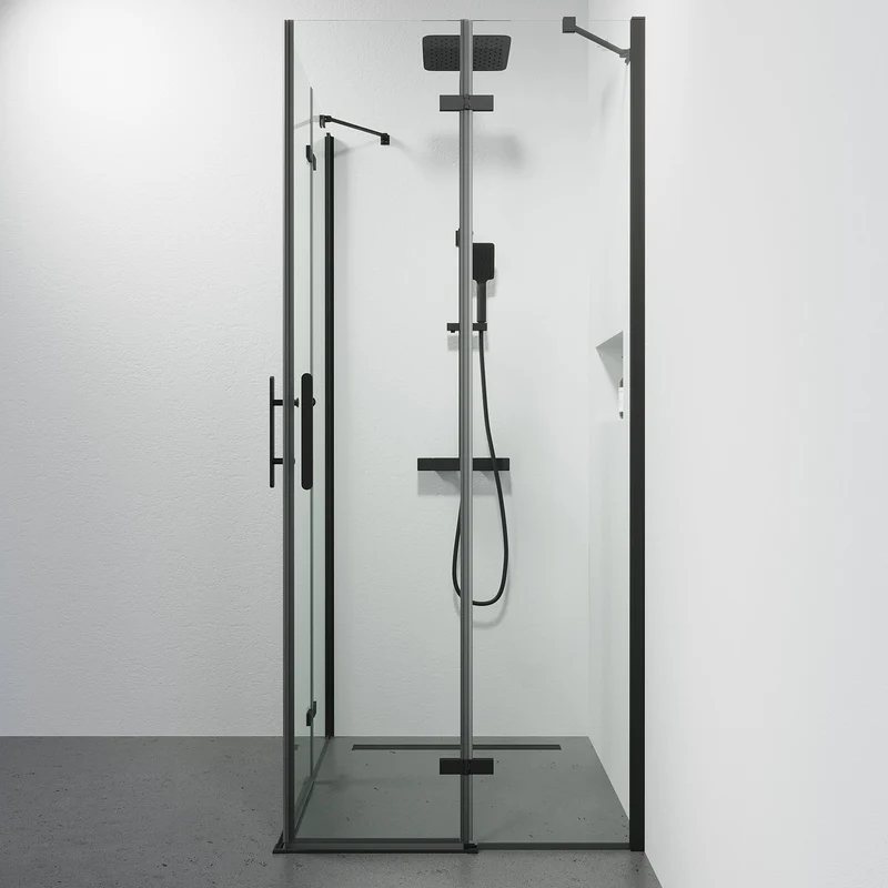 Duschhörna kvadratisk 90x90x200 cm - 5 mm klart nanoglas - svart profil - Rämen
