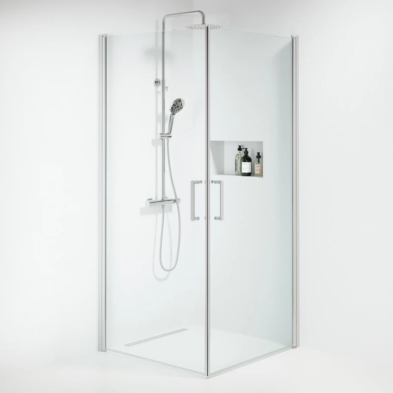 Duschvägg kvadratisk 90x90x195 cm - 6 mm klart nanoglas - Krom profil - Sandefjord