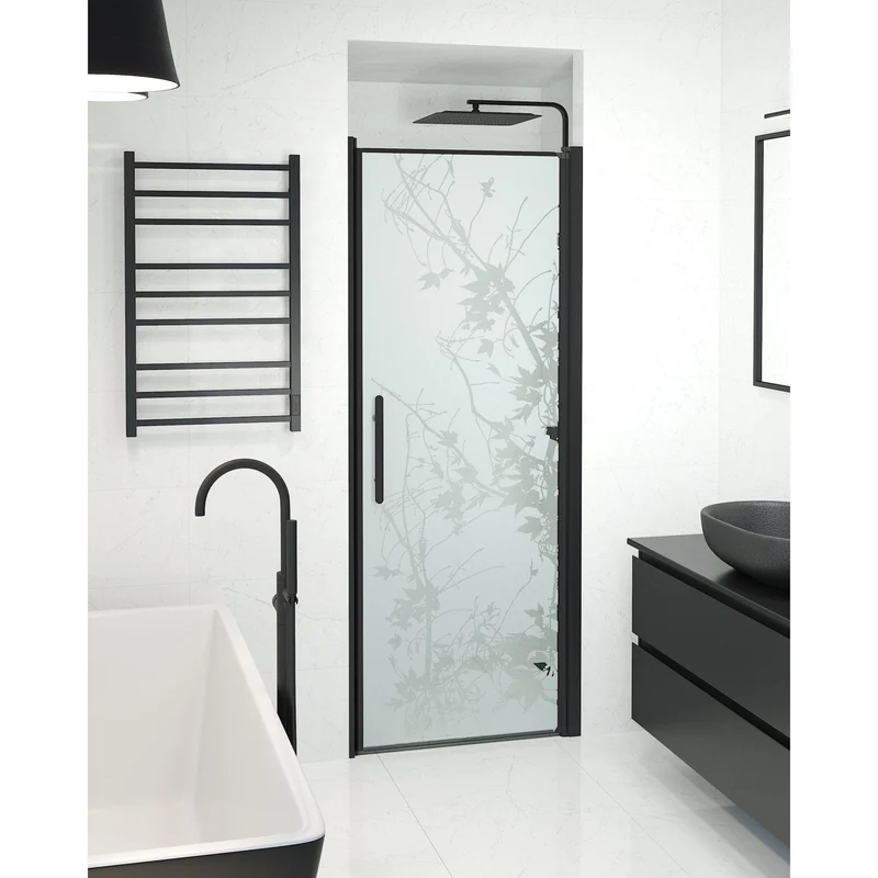 Duschnischdörr 80x198 cm - 6 mm frostat dekor-nanoglas - svart profil - Vänern