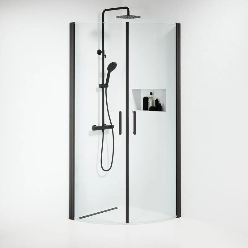 Duschhörna halvrund 80x80x195 cm - 6 mm klart nanoglas - svart profil - Sandefjord