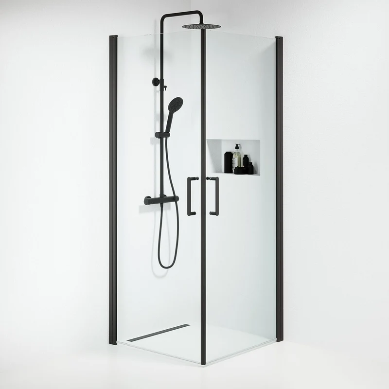 Duschvägg kvadratisk 80x80x195 cm - 6 mm klart nanoglas - svart profil - Sandefjord