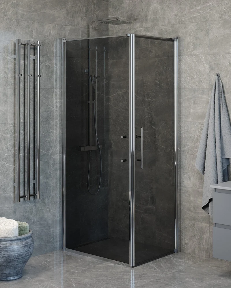 Duschhörna med duschvägg och dörr - 90x70x198 cm - 6 mm rökt nanoglas - Krom profil - Vänern