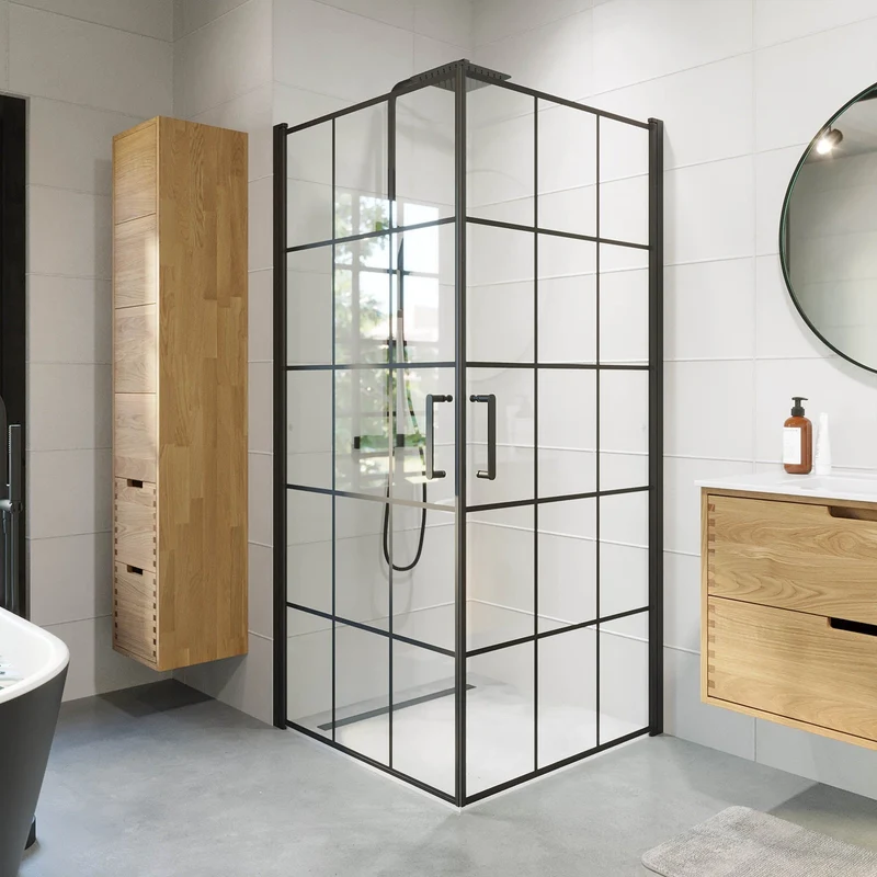 Duschhörna fyrkantig 90x90x195 cm - 5 mm klart nanoglas med svarta spröjs - svart profil - Sandefjord