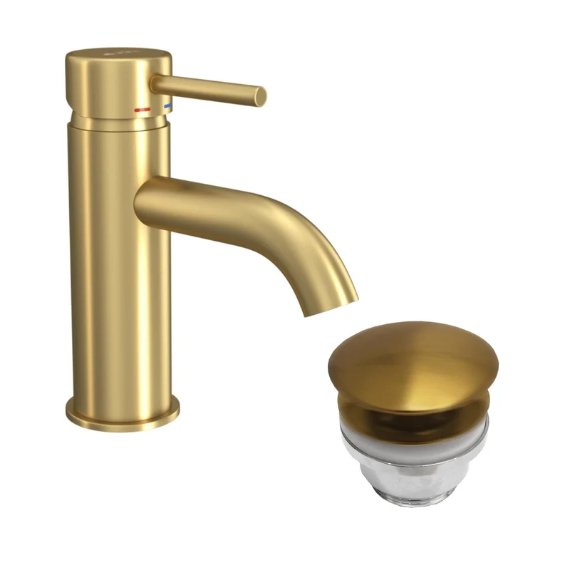 Rund tvättställsblandare 15,7 cm - med bottenventil (set) - matt borstad mässing - Dragør